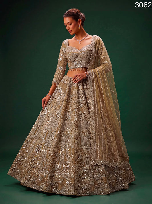 The Golden Hour Antique Gold Heavily Embellished Net Lehenga Set