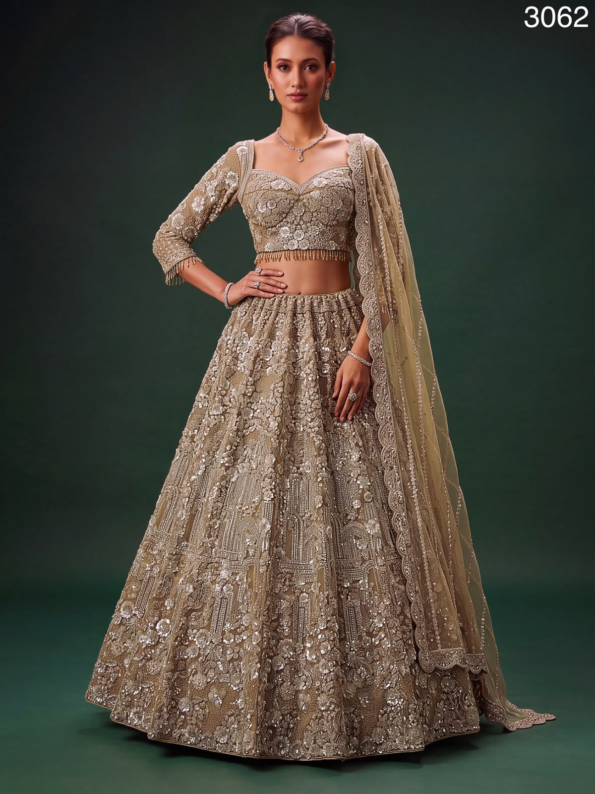 The Golden Hour Antique Gold Heavily Embellished Net Lehenga Set