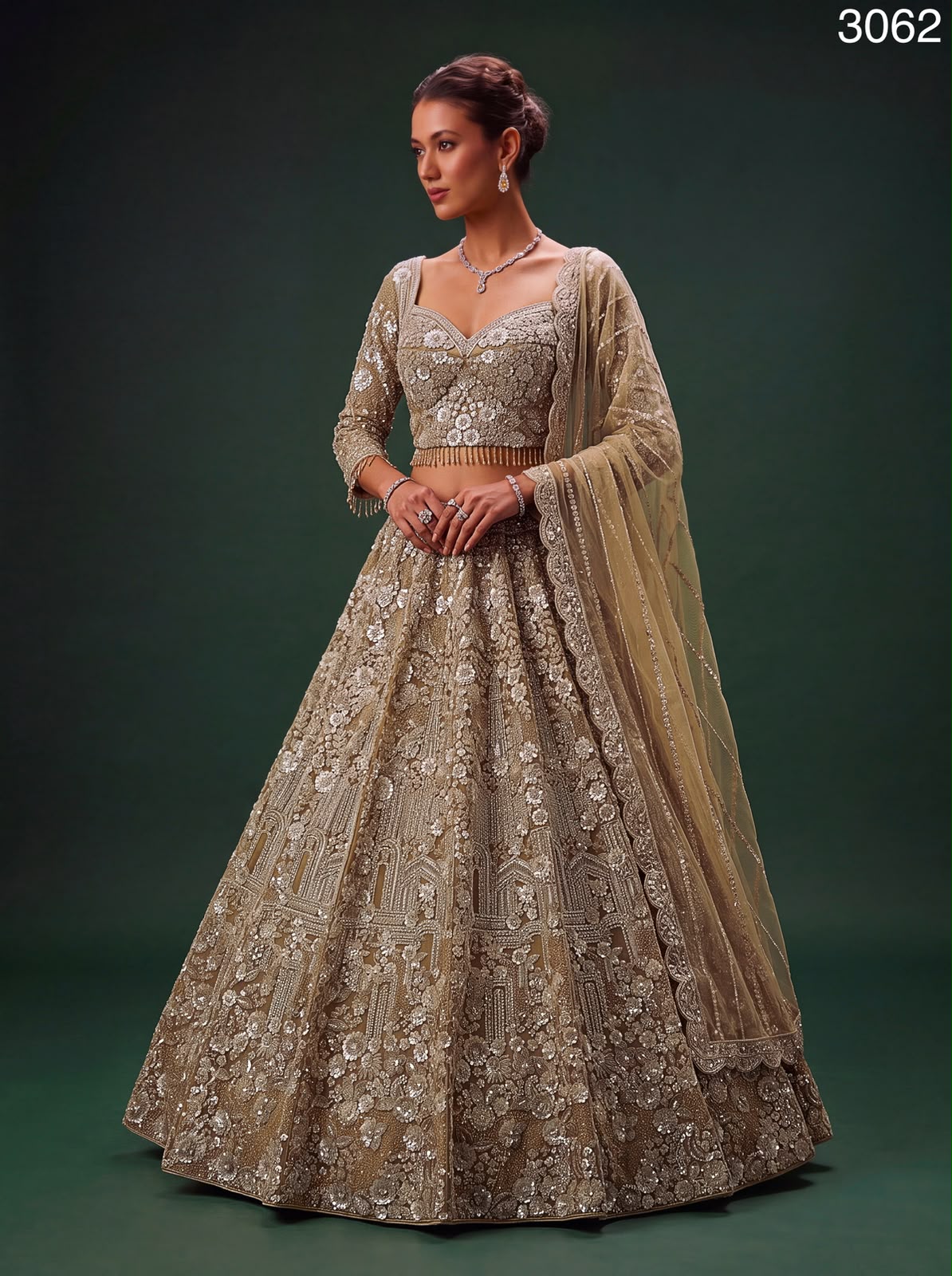 The Golden Hour Antique Gold Heavily Embellished Net Lehenga Set