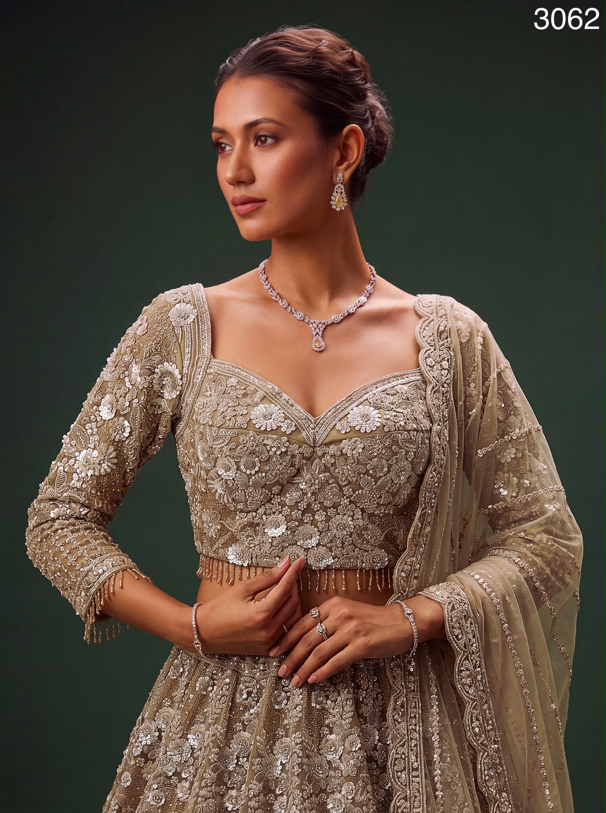 The Golden Hour Antique Gold Heavily Embellished Net Lehenga Set