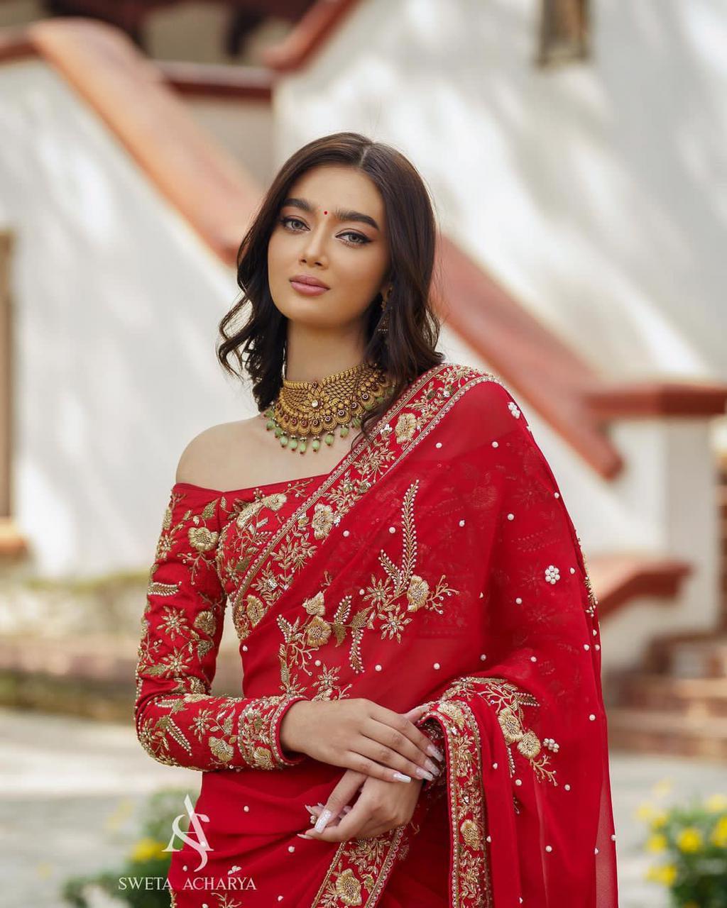 CELEBRITY RED DESIGNER PARTY WERE WORK SAREE