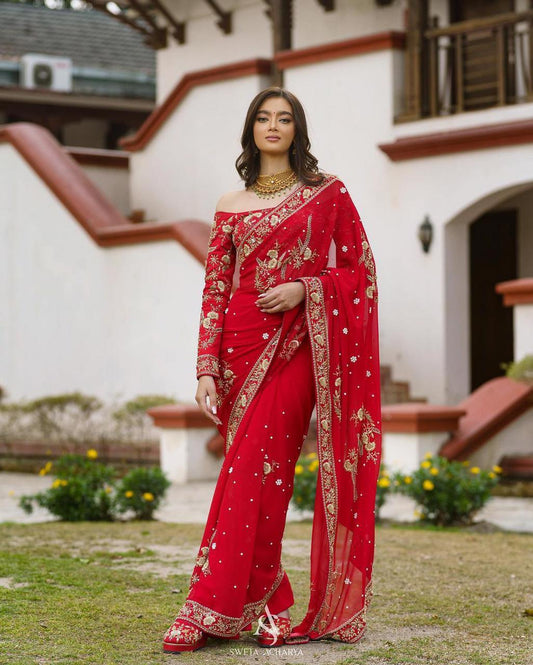 CELEBRITY RED DESIGNER PARTY WERE WORK SAREE