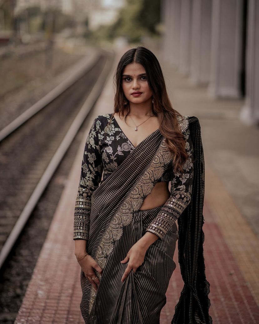 Black Premium Organza Sequins Coding Work Saree