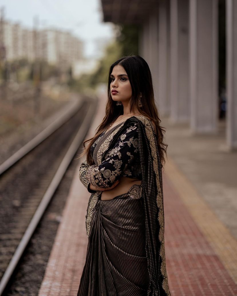 Black Premium Organza Sequins Coding Work Saree