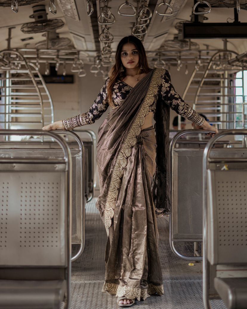 Black Premium Organza Sequins Coding Work Saree