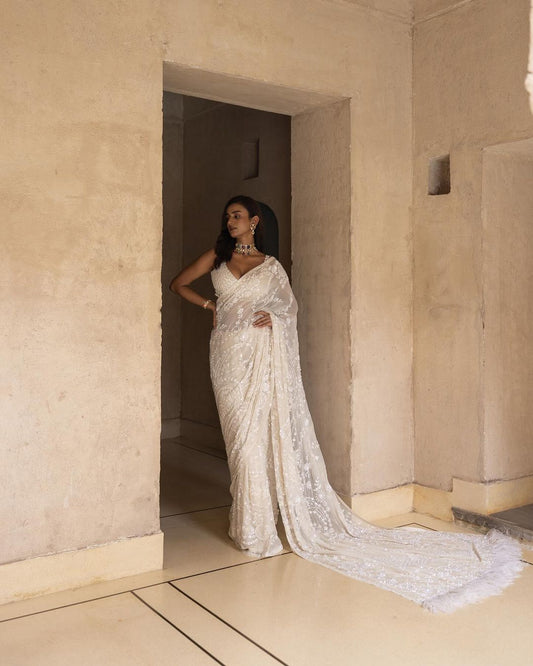 Cool White 🤍 Sequins Premium Bling Saree