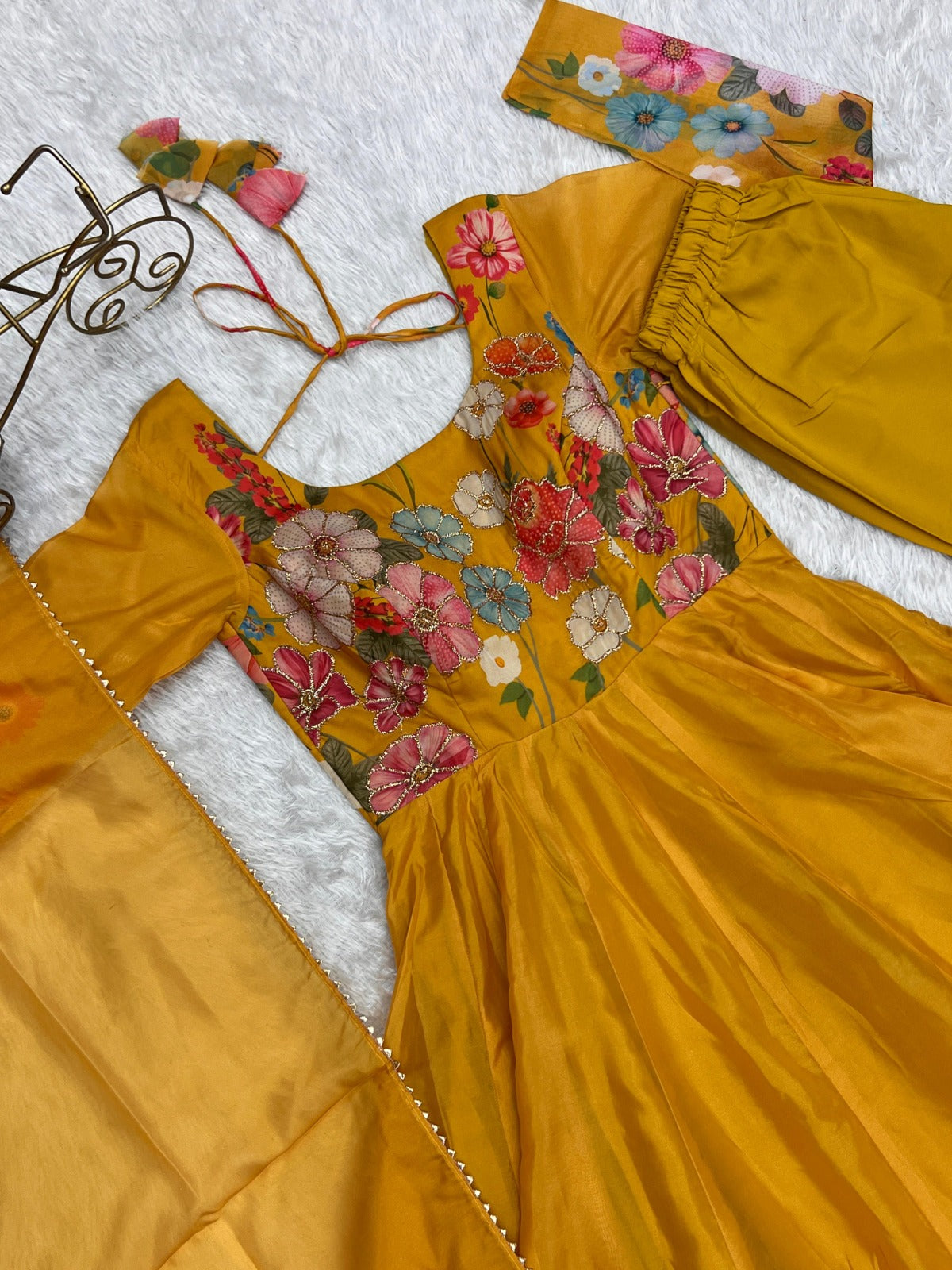 Timeless And Classic Yellow Floral Printed Organza Anarkali