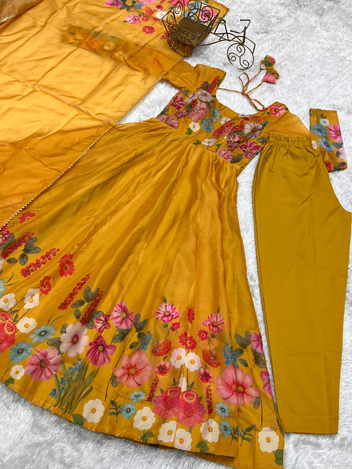 Timeless And Classic Yellow Floral Printed Organza Anarkali