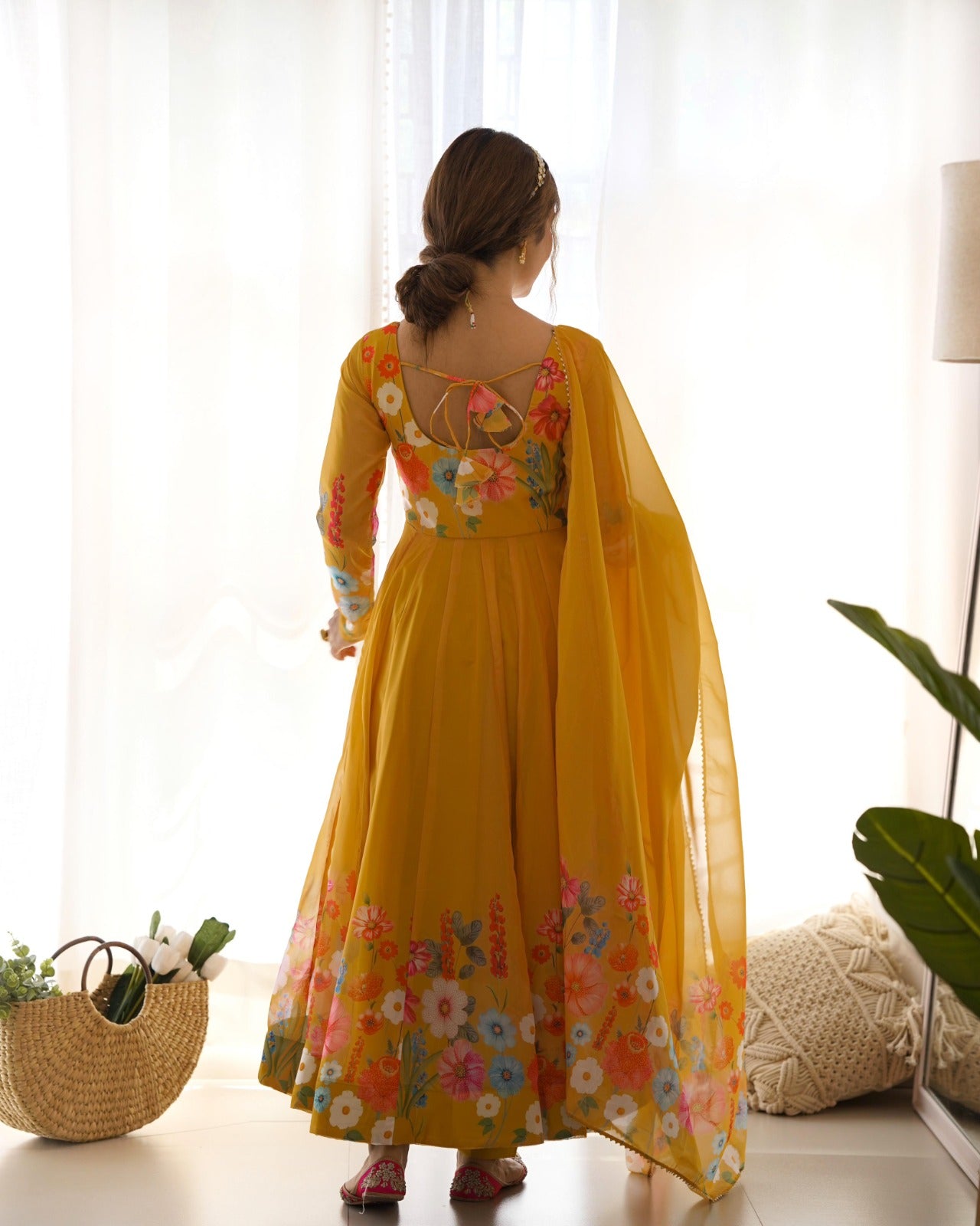 Timeless And Classic Yellow Floral Printed Organza Anarkali