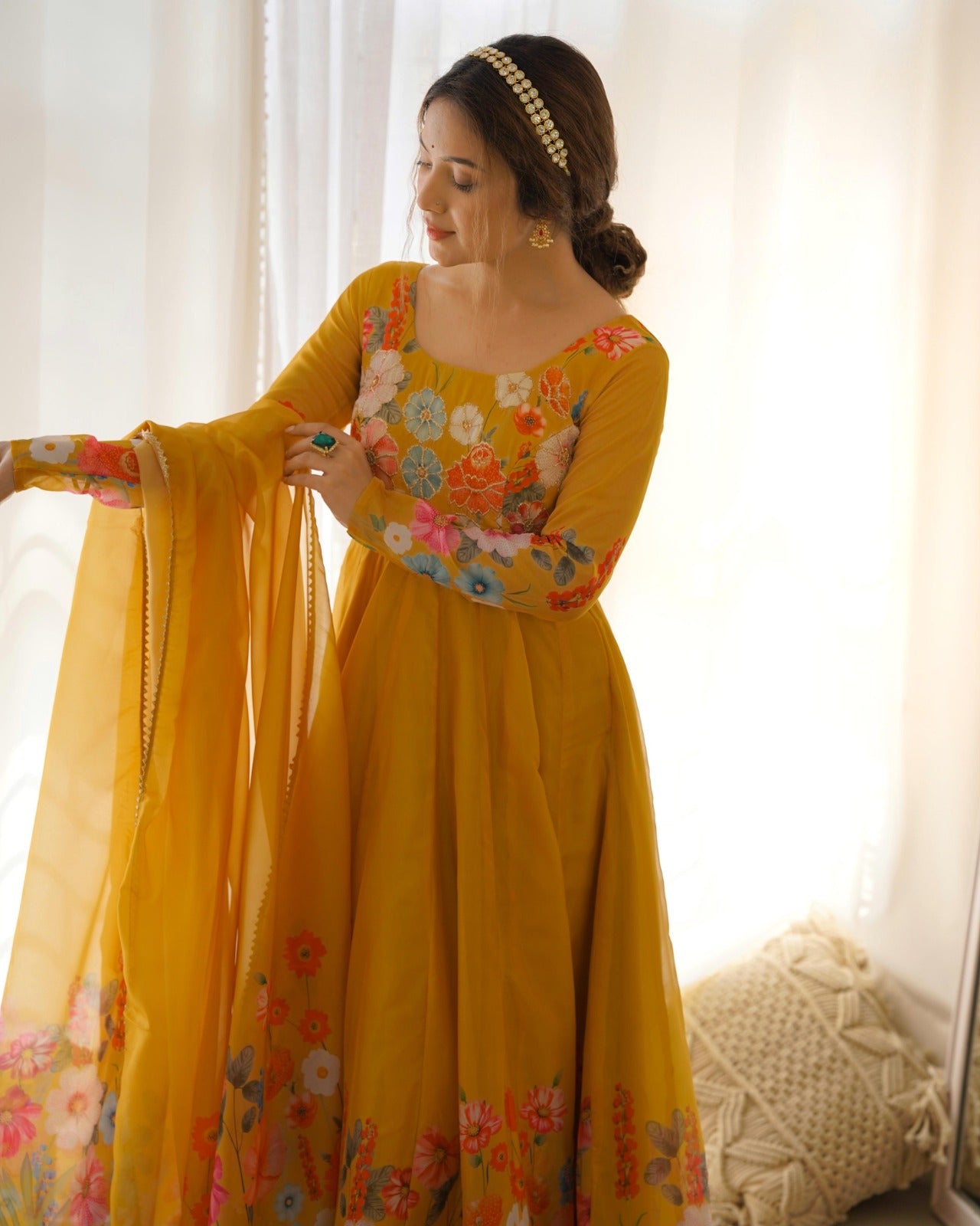 Timeless And Classic Yellow Floral Printed Organza Anarkali