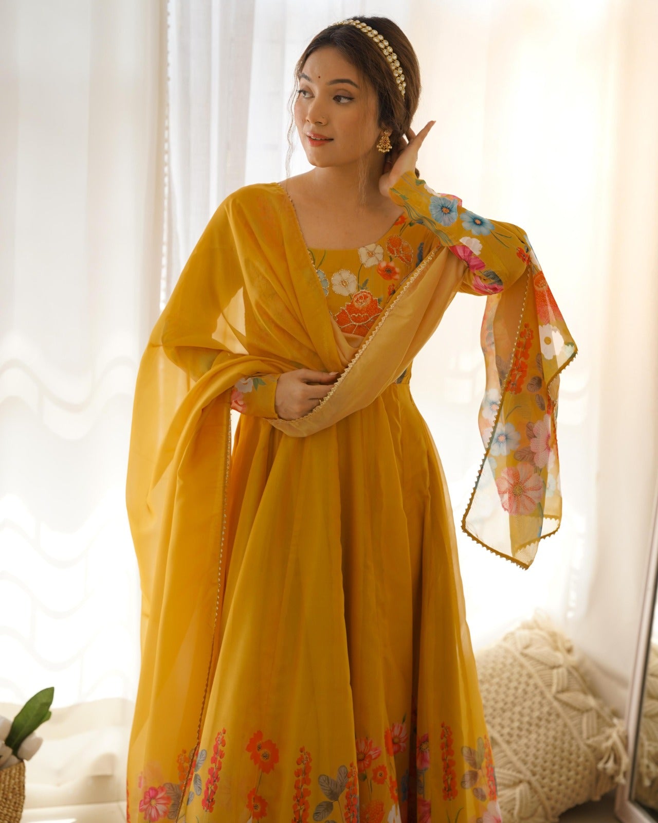 Timeless And Classic Yellow Floral Printed Organza Anarkali