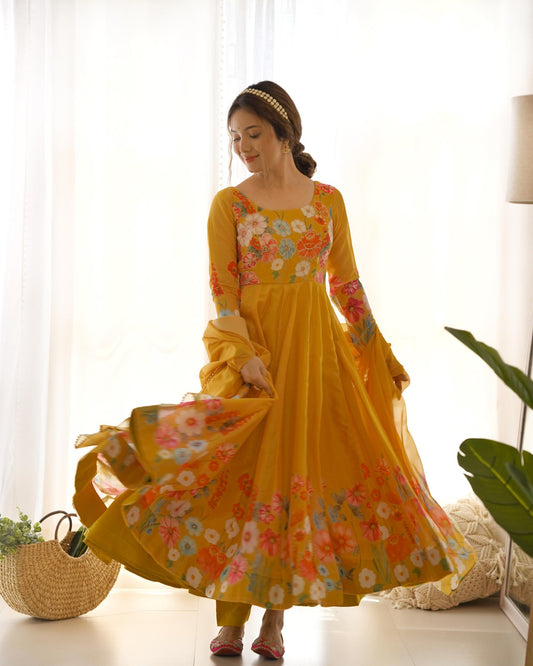 Timeless And Classic Yellow Floral Printed Organza Anarkali