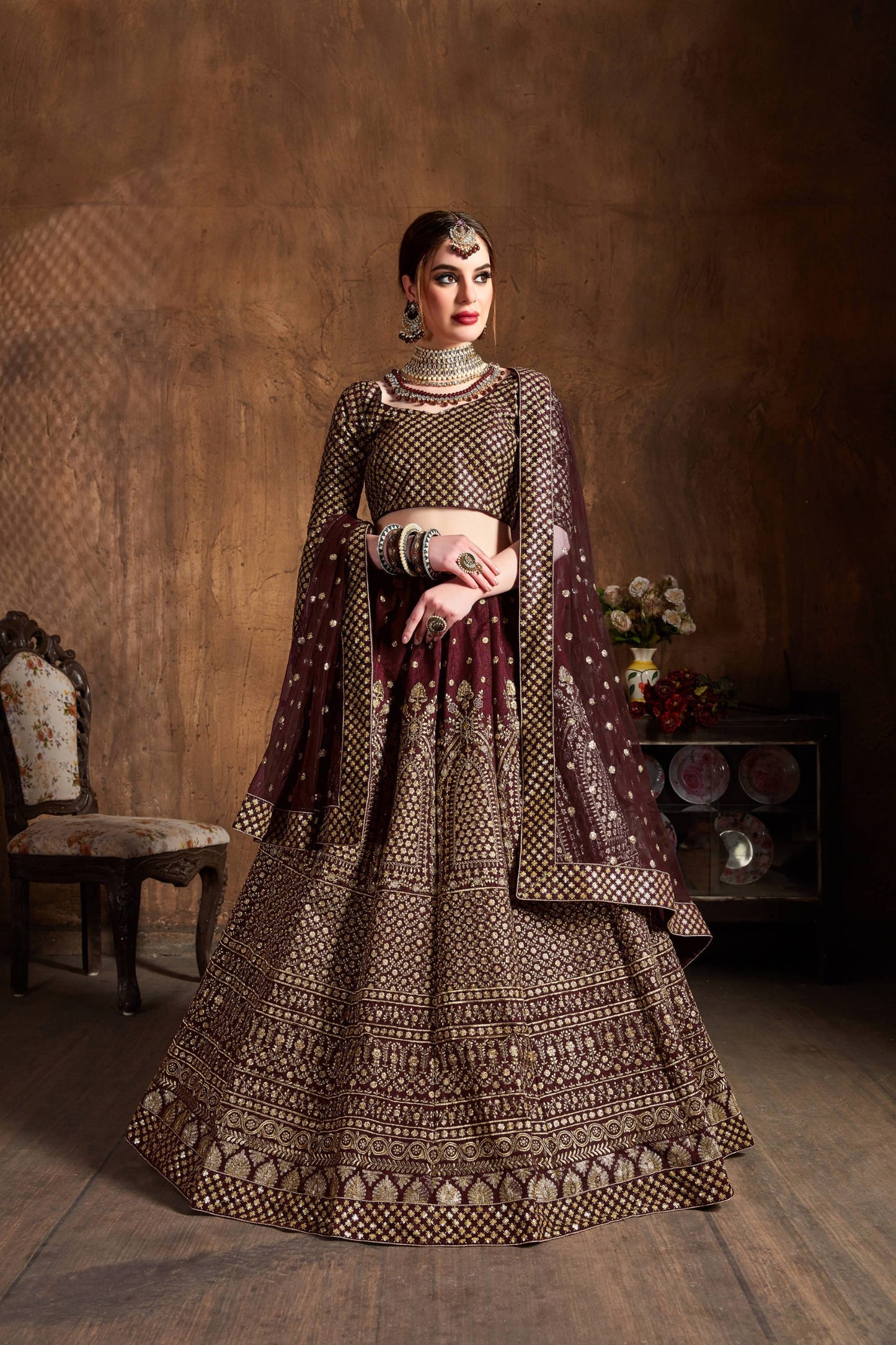 Regal Maroon Gold Embroidered Lehenga