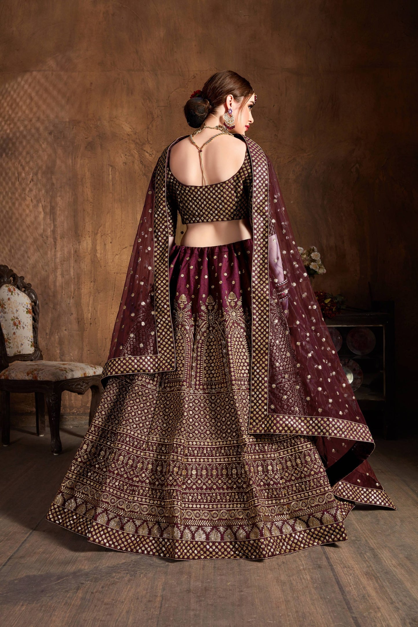 Regal Maroon Gold Embroidered Lehenga
