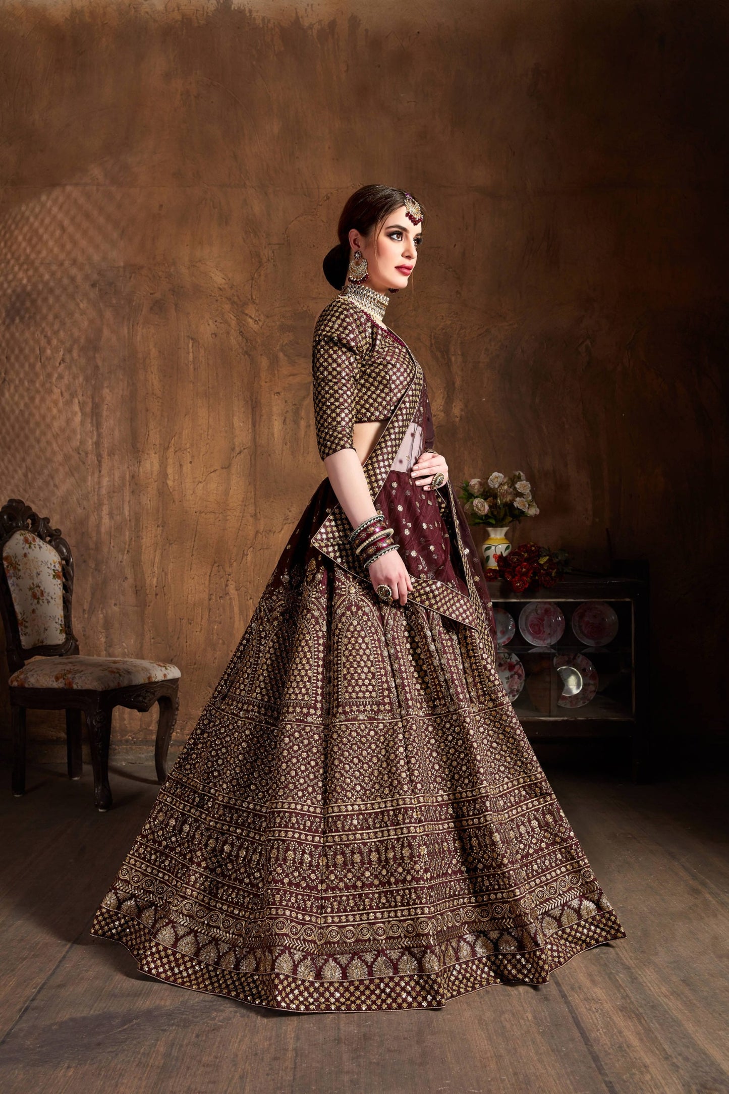 Regal Maroon Gold Embroidered Lehenga