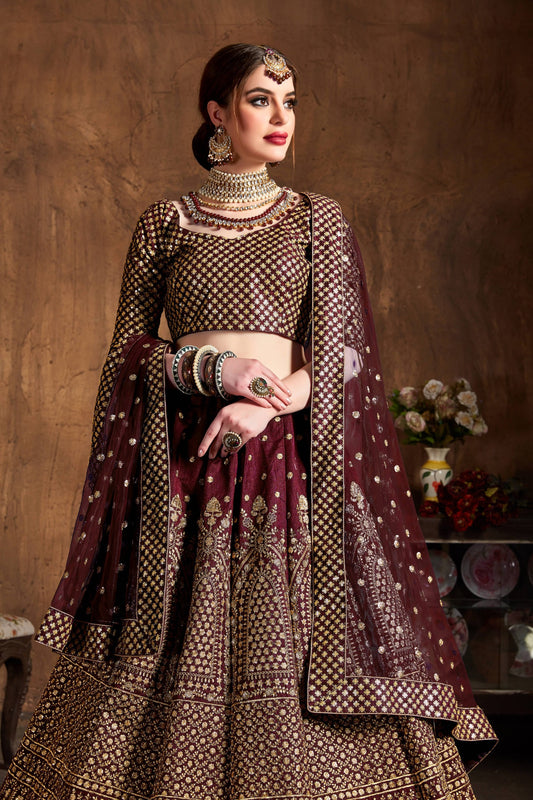 Regal Maroon Gold Embroidered Lehenga