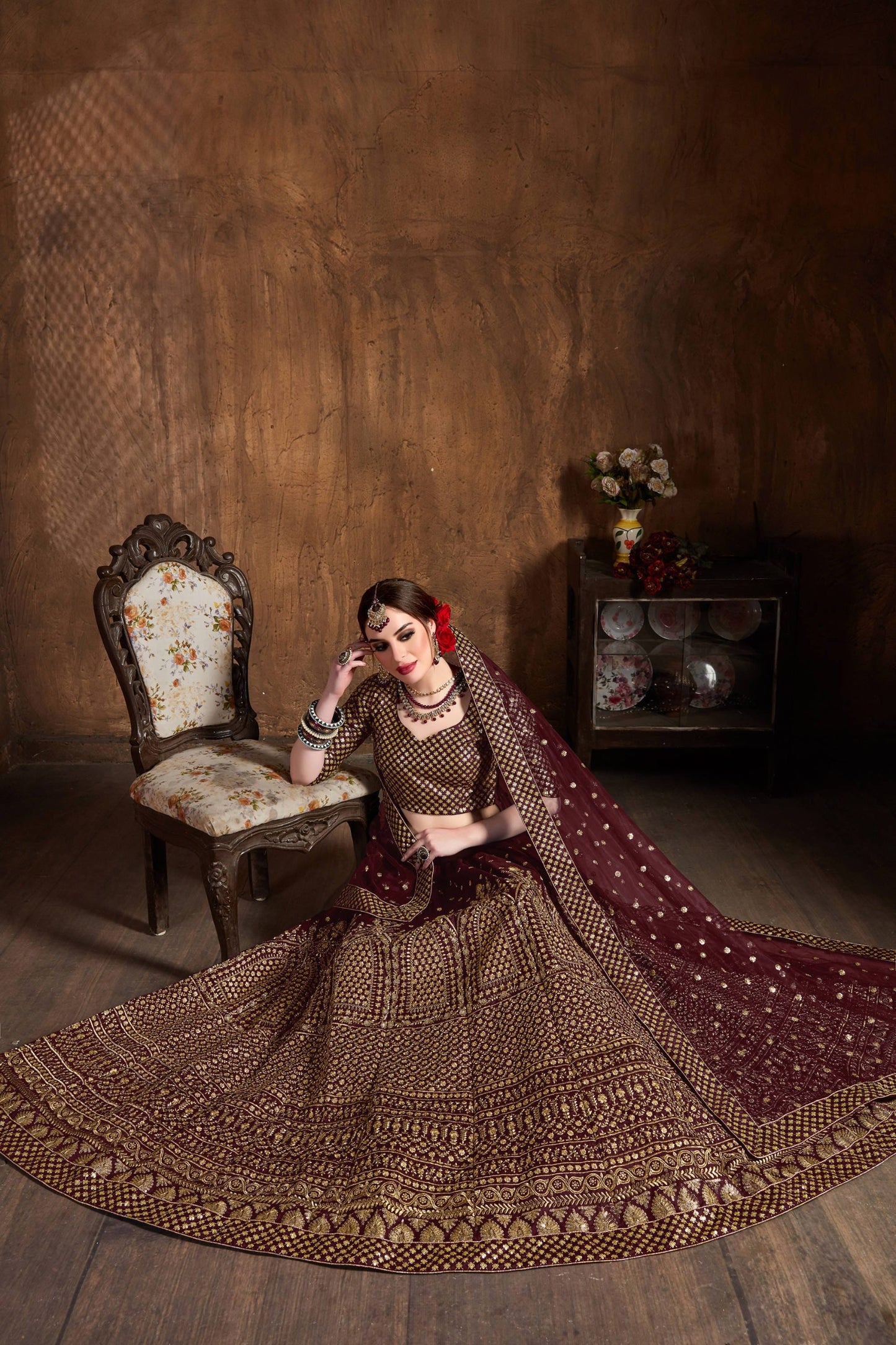 Regal Maroon Gold Embroidered Lehenga