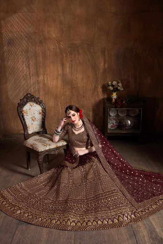 Regal Maroon Gold Embroidered Lehenga