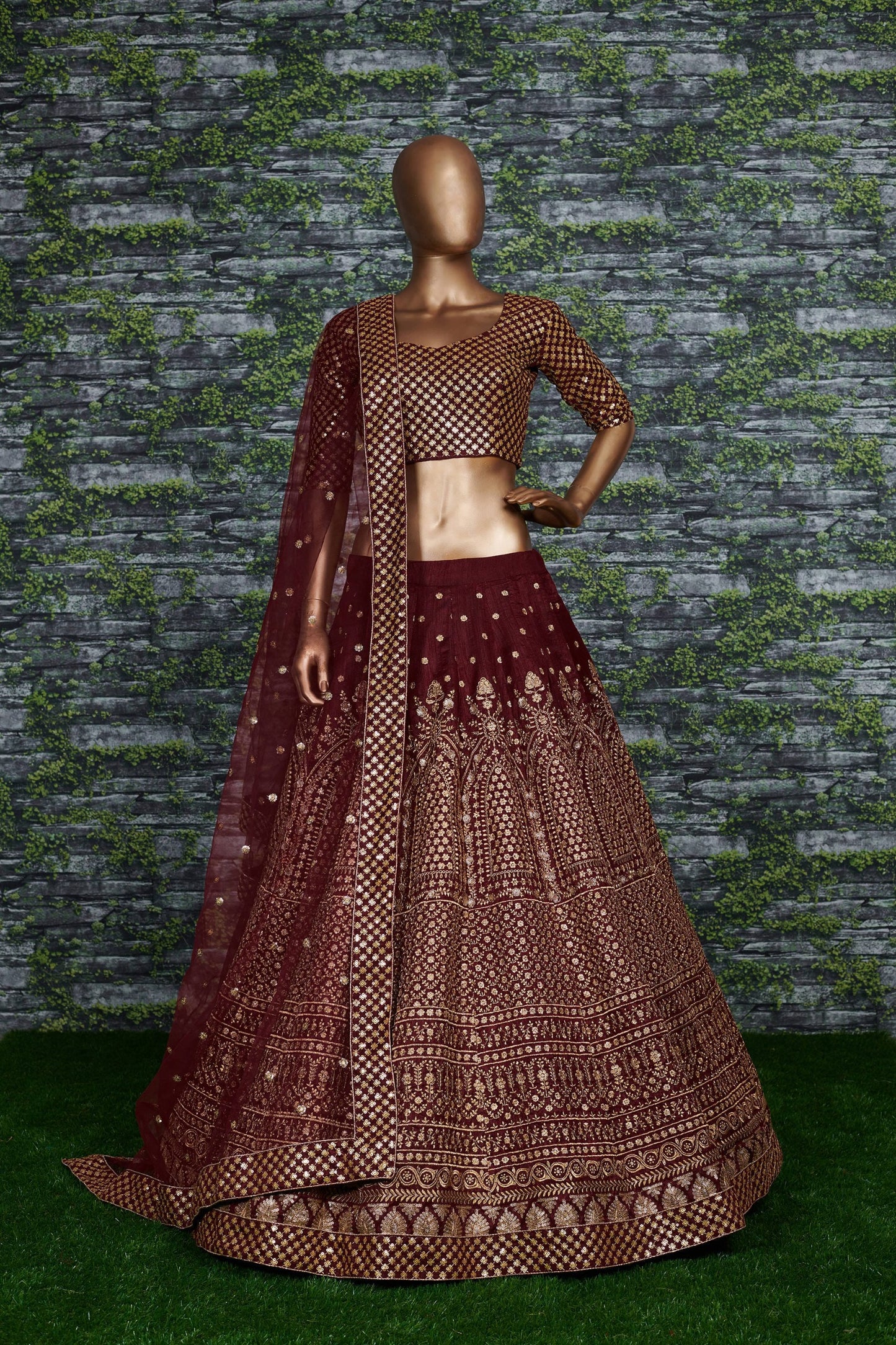 Regal Maroon Gold Embroidered Lehenga