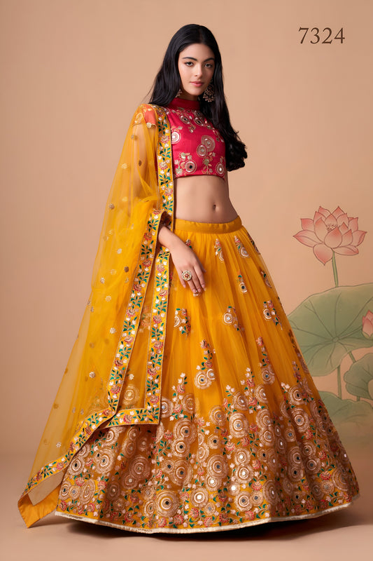Mustard Yellow & Rani Pink Mirror Work Lehenga Choli