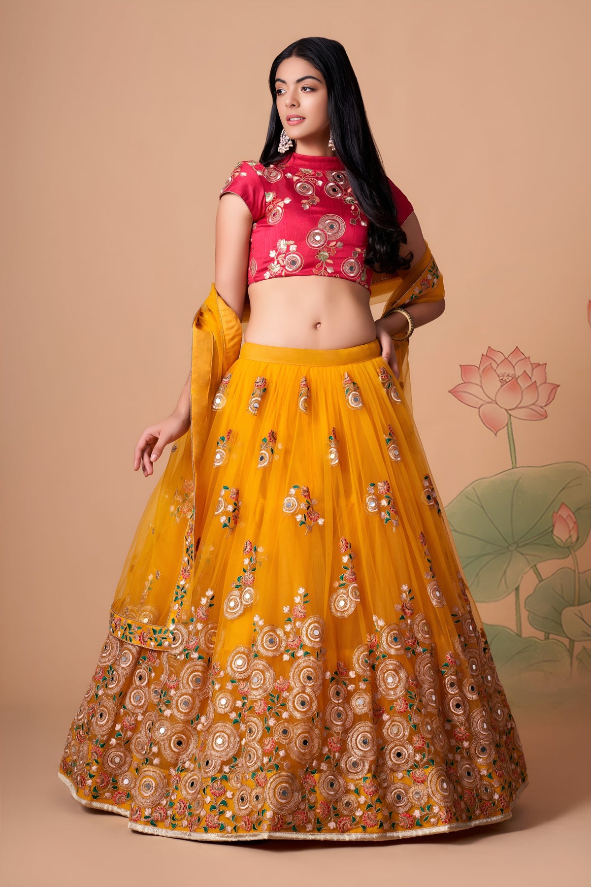 Mustard Yellow & Rani Pink Mirror Work Lehenga Choli