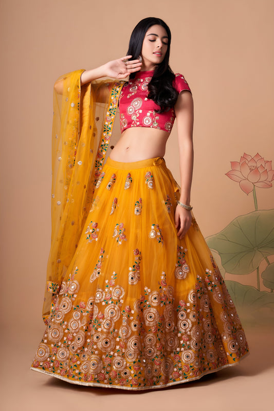 Mustard Yellow & Rani Pink Mirror Work Lehenga Choli