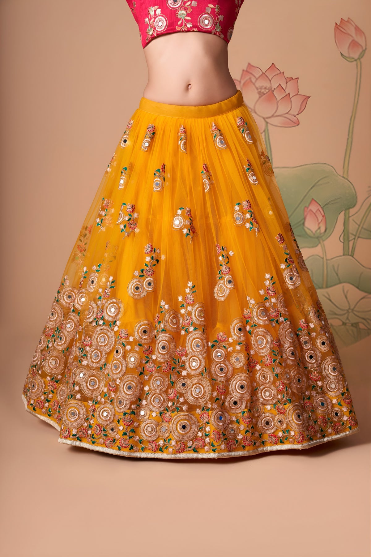 Mustard Yellow & Rani Pink Mirror Work Lehenga Choli