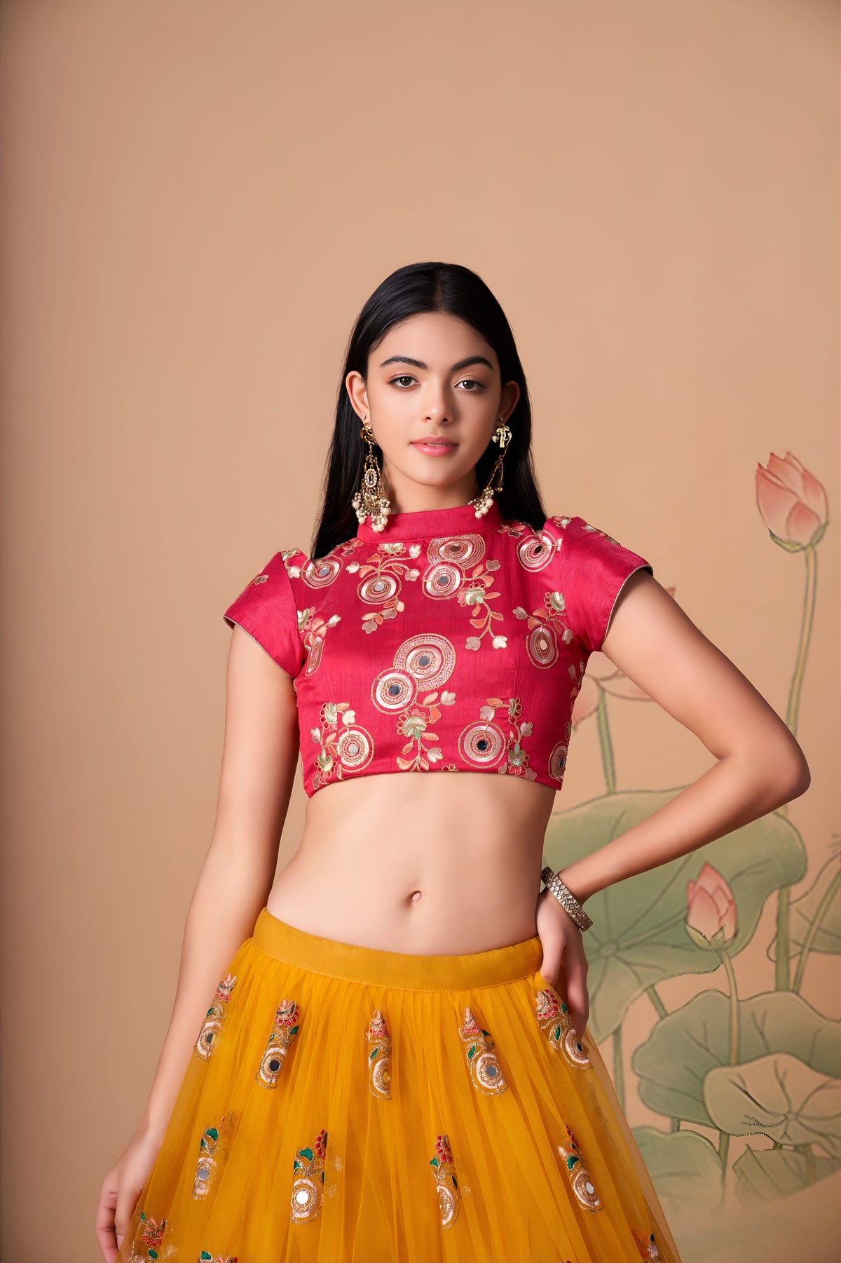 Mustard Yellow & Rani Pink Mirror Work Lehenga Choli