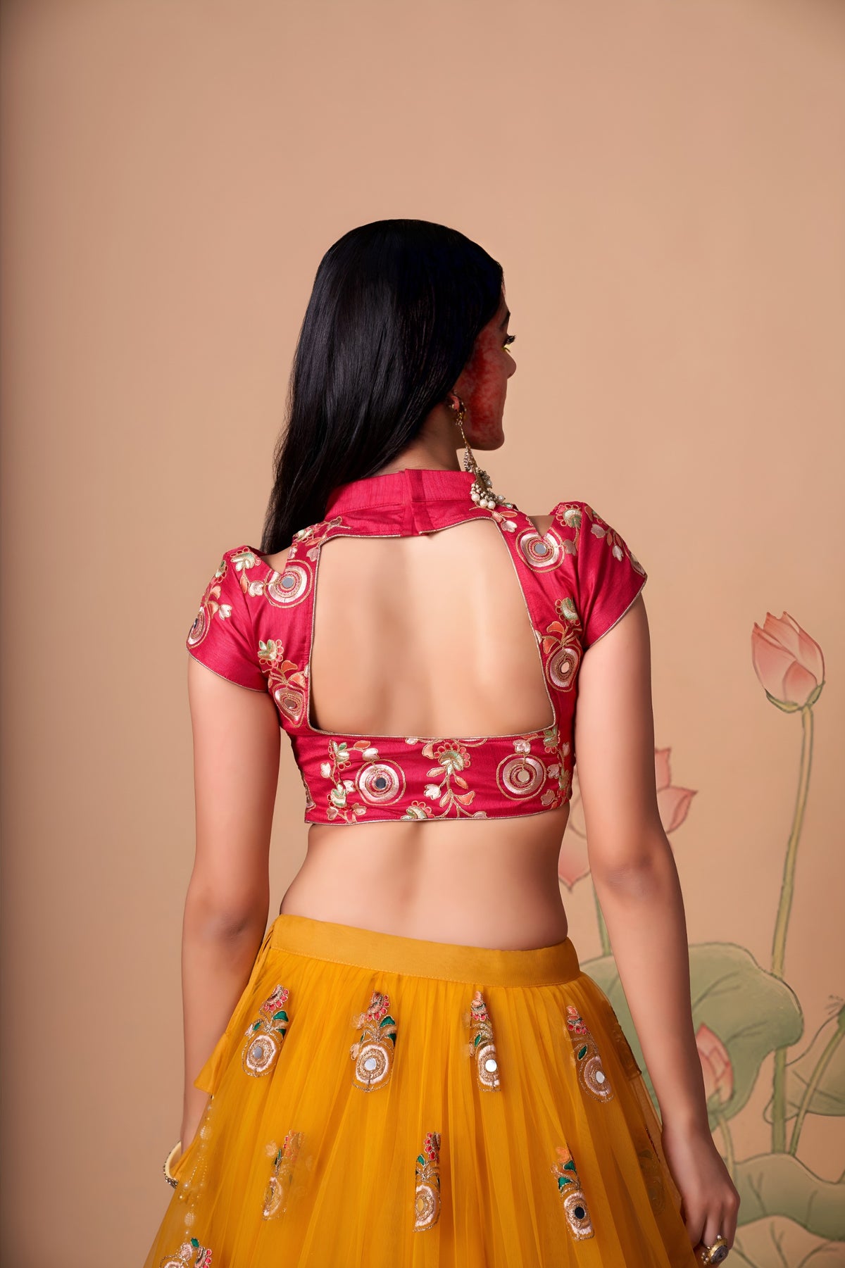 Mustard Yellow & Rani Pink Mirror Work Lehenga Choli