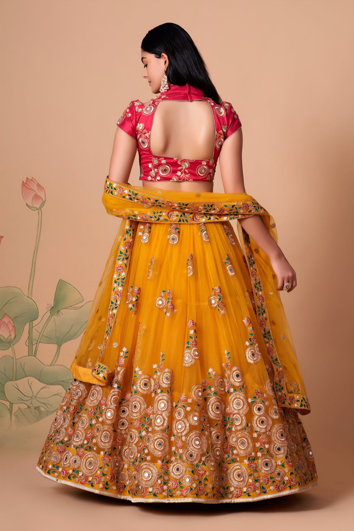Mustard Yellow & Rani Pink Mirror Work Lehenga Choli