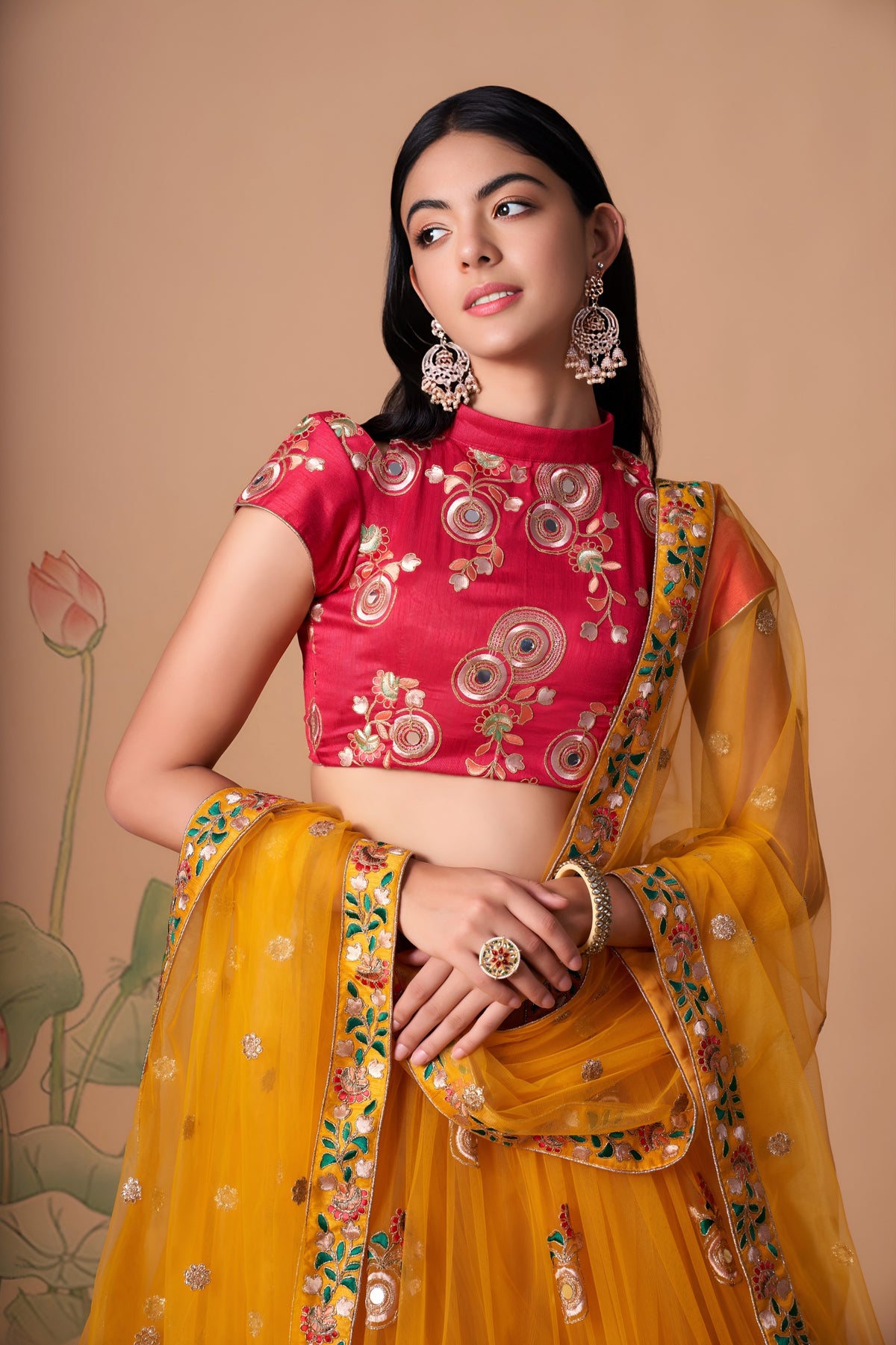 Mustard Yellow & Rani Pink Mirror Work Lehenga Choli