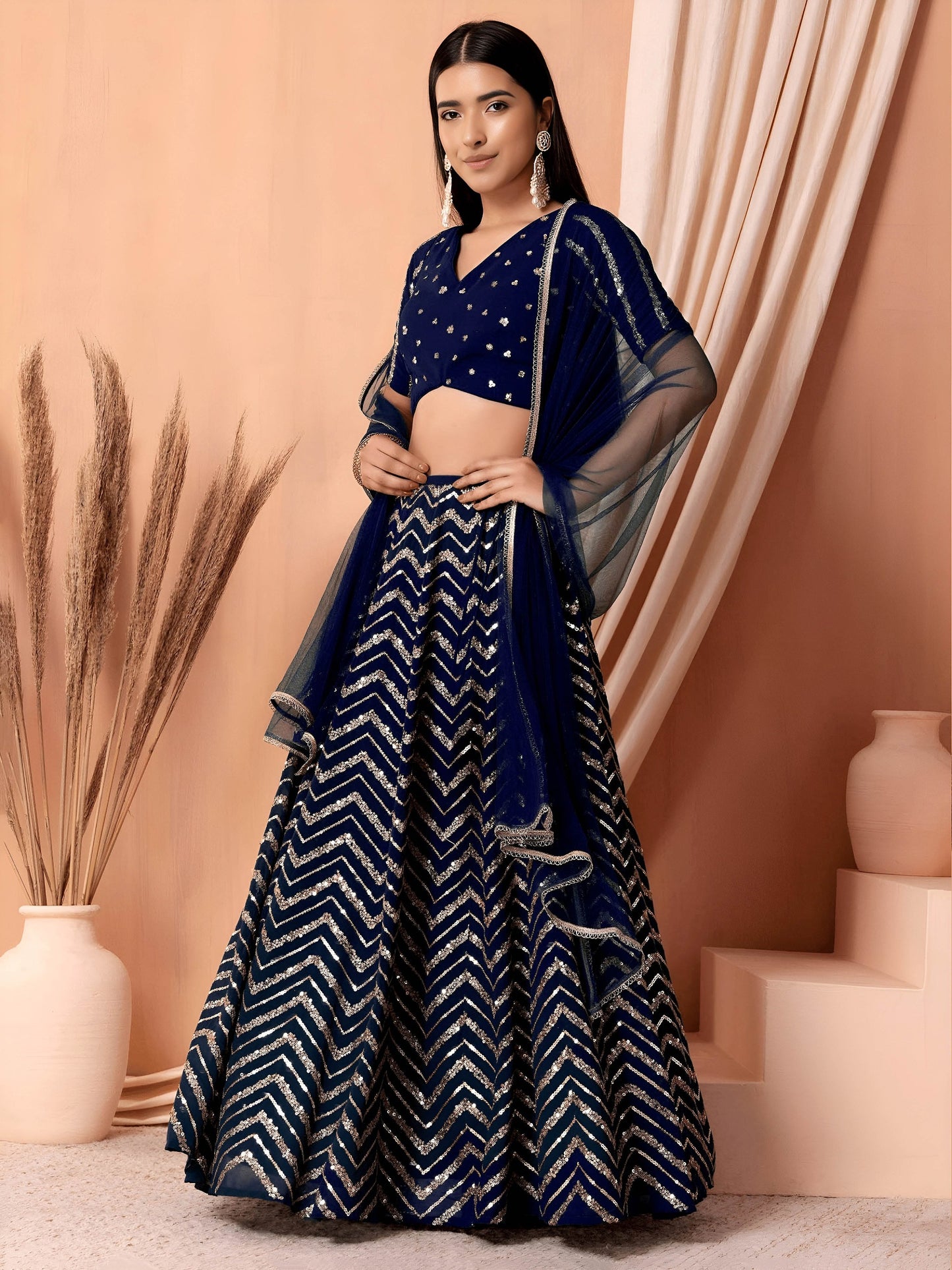Deep Navy Chevron Sparkle Lehenga