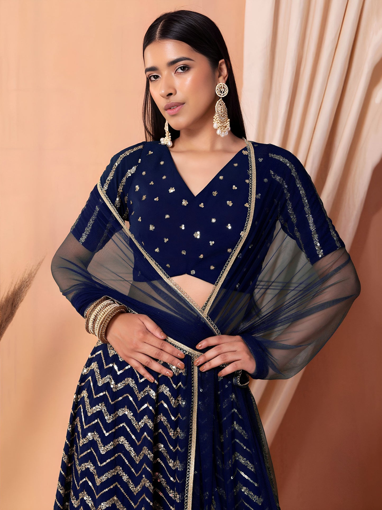 Deep Navy Chevron Sparkle Lehenga