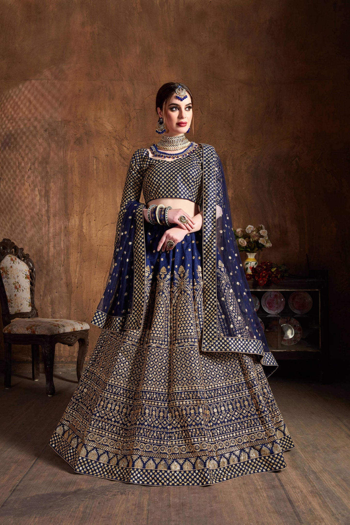Majestic Navy Blue Antique Gold Embroidered Lehenga