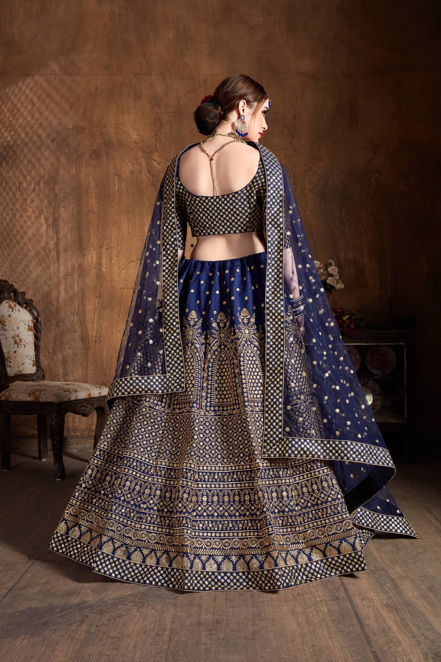 Majestic Navy Blue Antique Gold Embroidered Lehenga