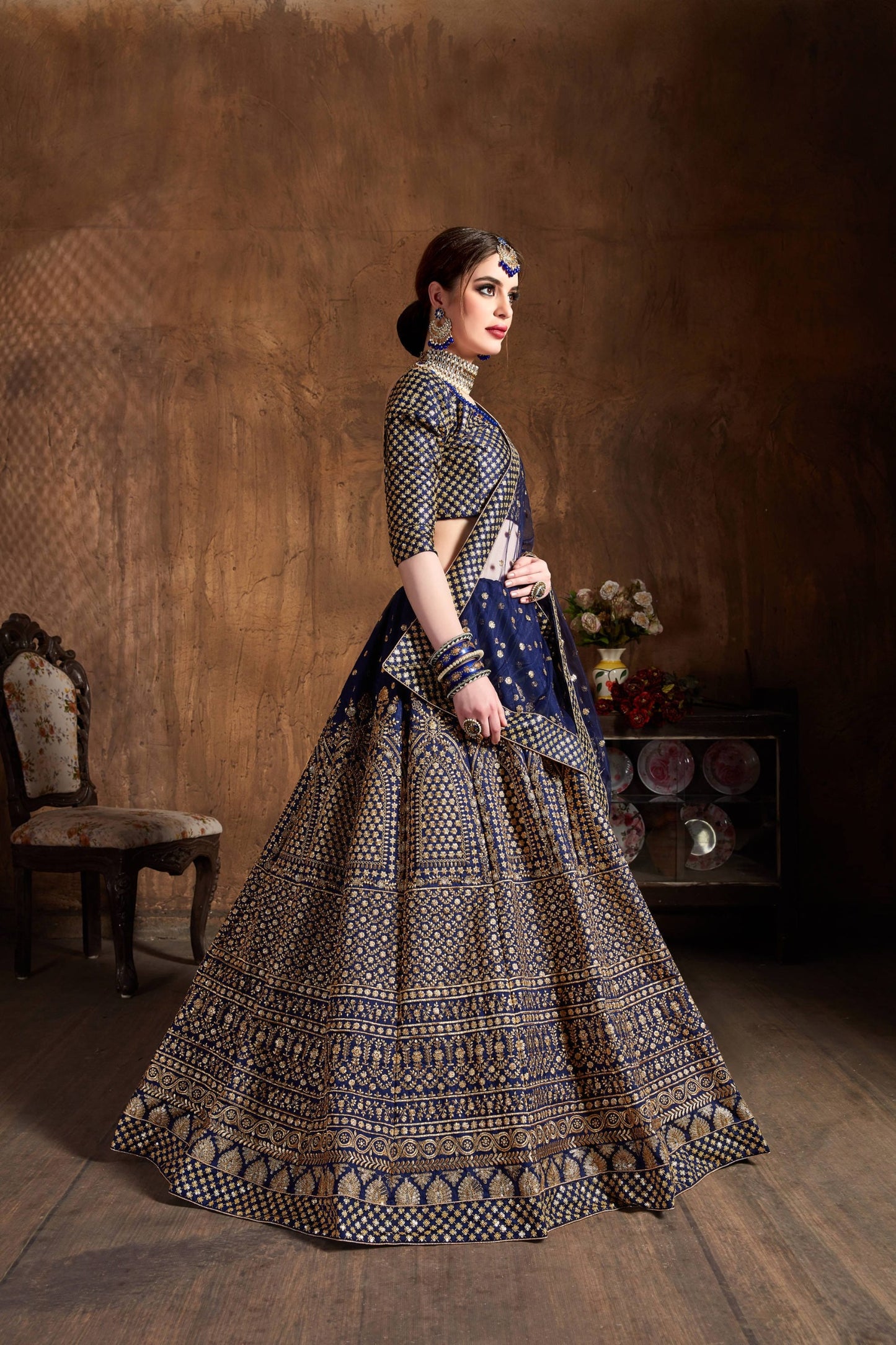 Majestic Navy Blue Antique Gold Embroidered Lehenga