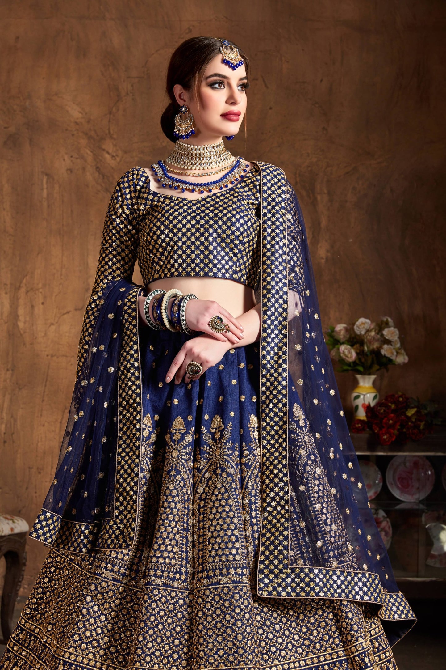 Majestic Navy Blue Antique Gold Embroidered Lehenga