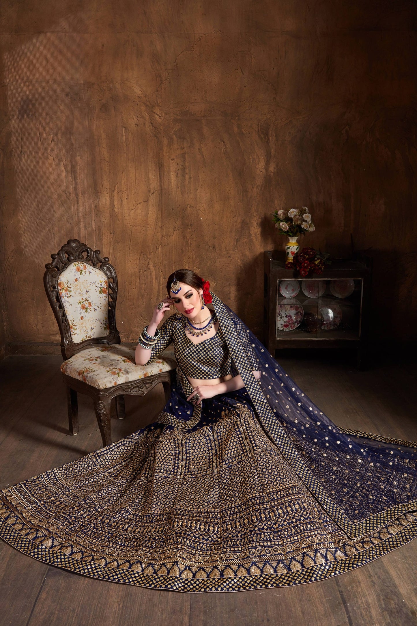 Majestic Navy Blue Antique Gold Embroidered Lehenga