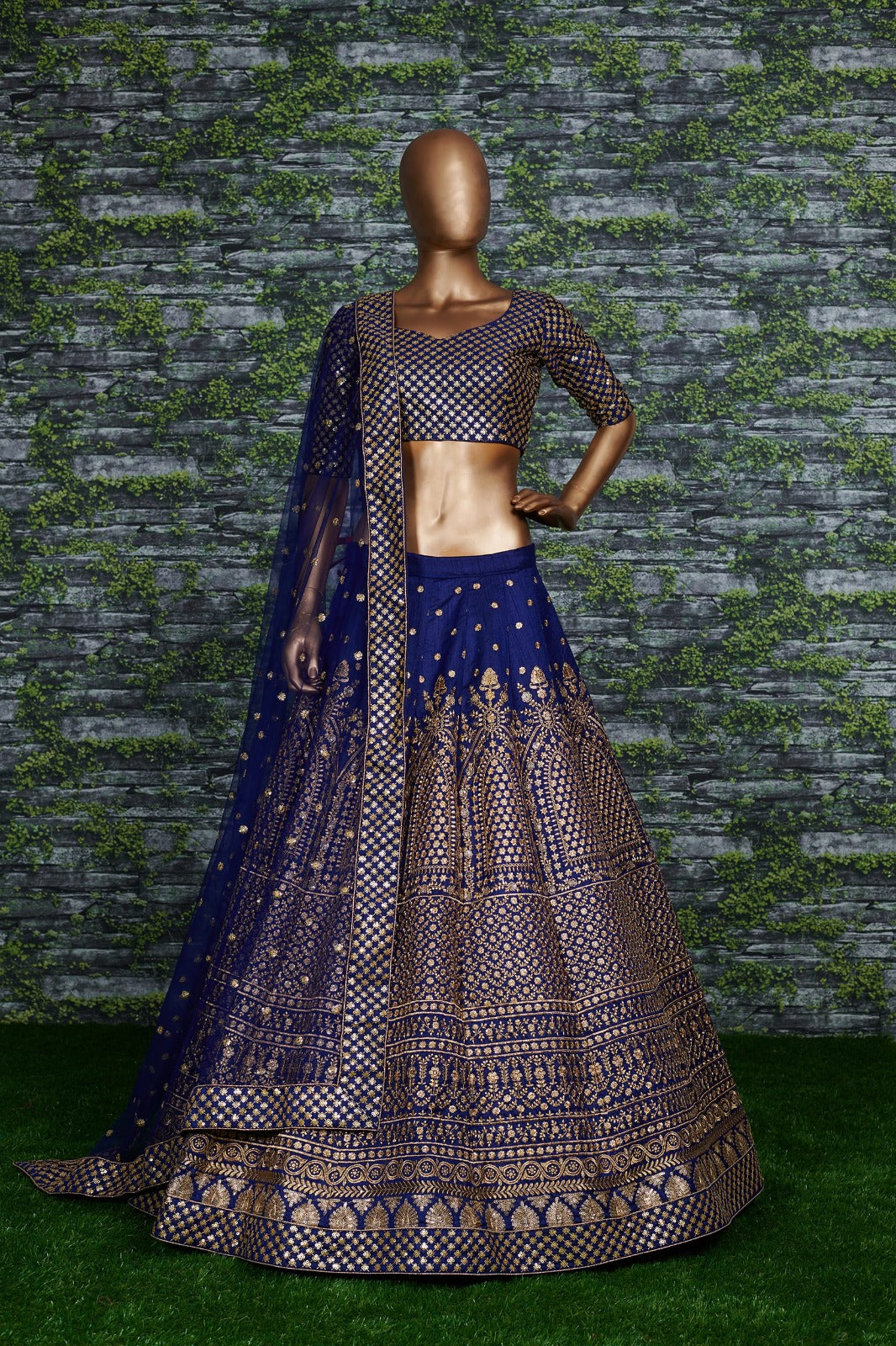 Majestic Navy Blue Antique Gold Embroidered Lehenga