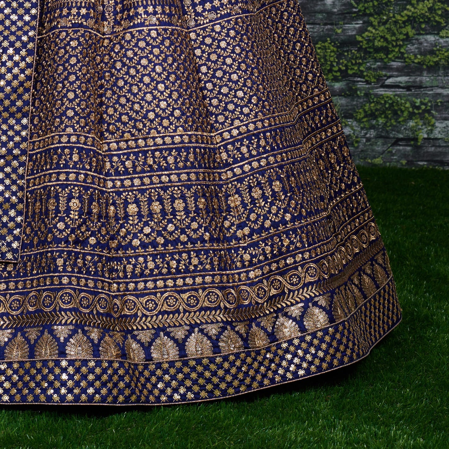 Majestic Navy Blue Antique Gold Embroidered Lehenga