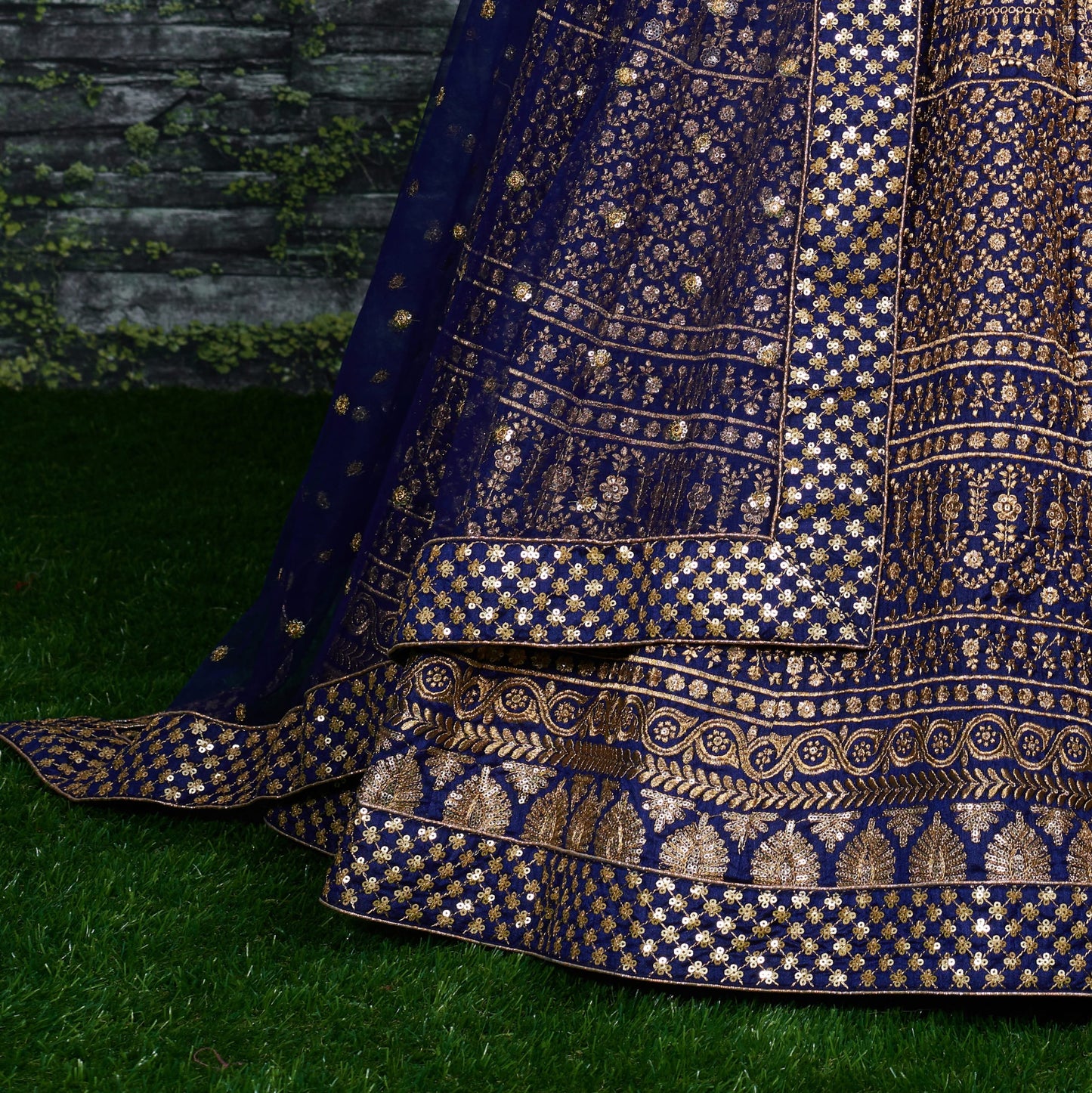 Majestic Navy Blue Antique Gold Embroidered Lehenga