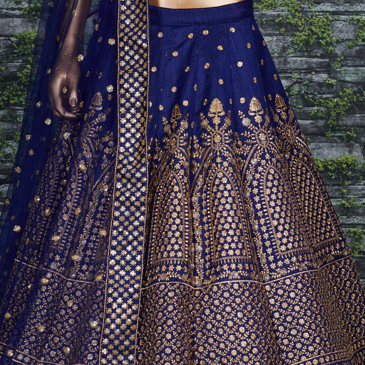 Majestic Navy Blue Antique Gold Embroidered Lehenga