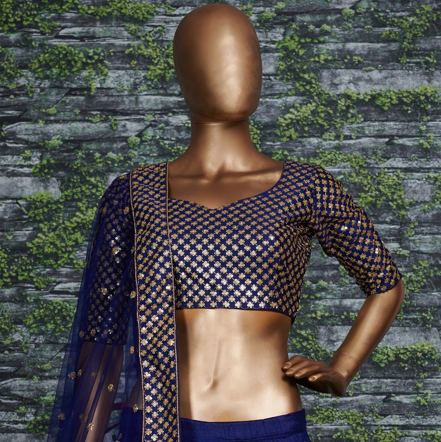 Majestic Navy Blue Antique Gold Embroidered Lehenga