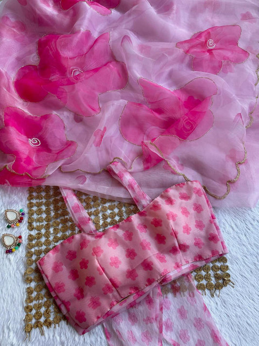 Pink Handworked Organza Saree