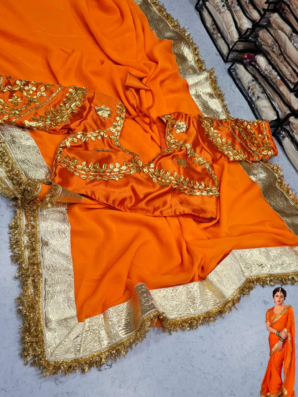 Orange Love Rashmi Desai Inspired Hand Charkhi Gotta Patti Saree