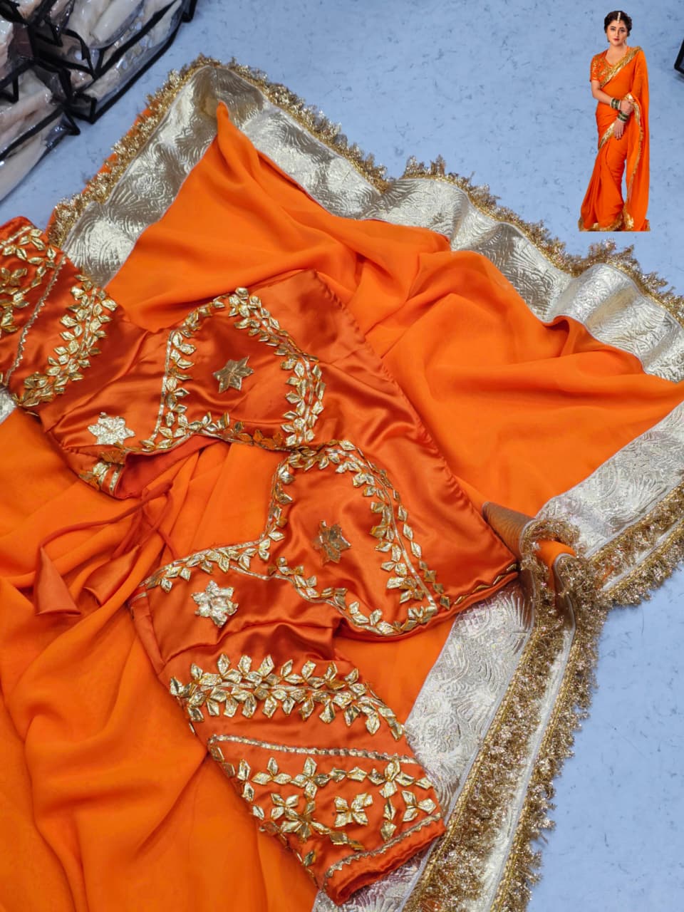 Orange Love Rashmi Desai Inspired Hand Charkhi Gotta Patti Saree