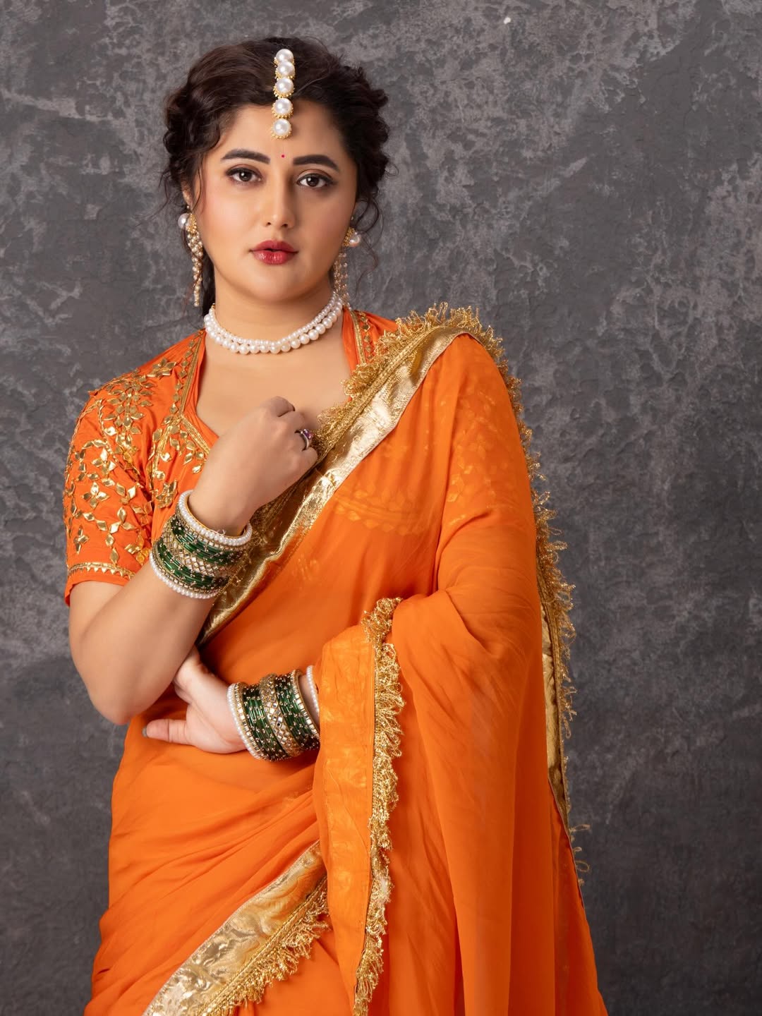 Orange Love Rashmi Desai Inspired Hand Charkhi Gotta Patti Saree