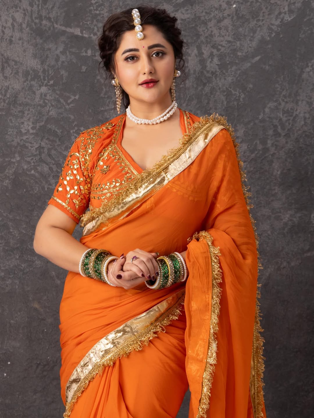 Orange Love Rashmi Desai Inspired Hand Charkhi Gotta Patti Saree