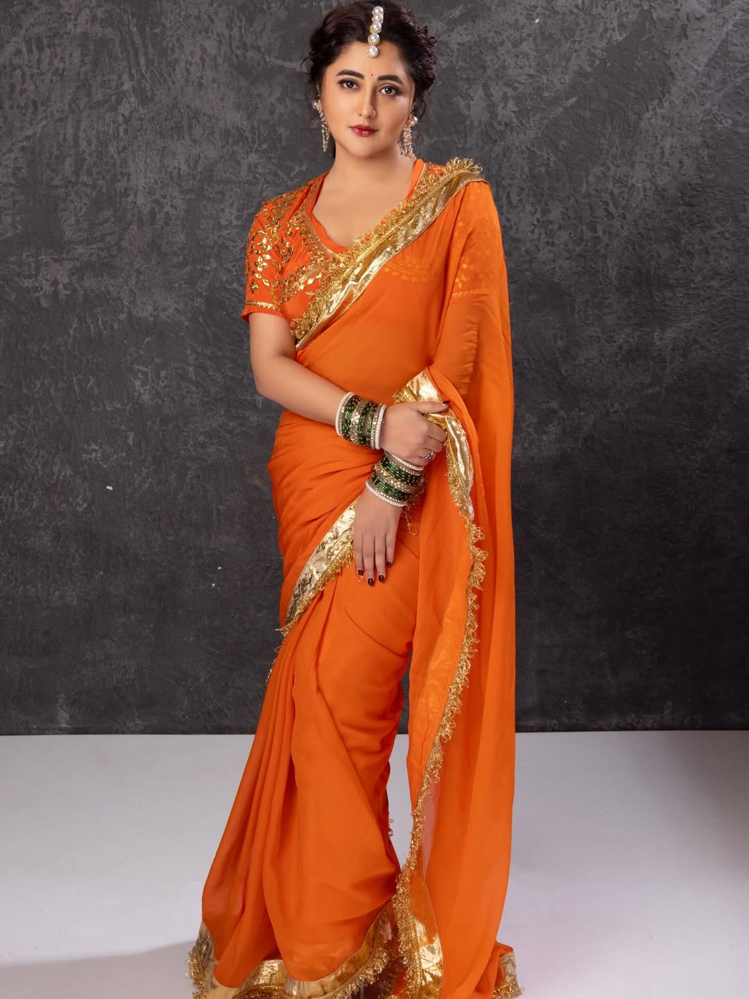 Orange Love Rashmi Desai Inspired Hand Charkhi Gotta Patti Saree