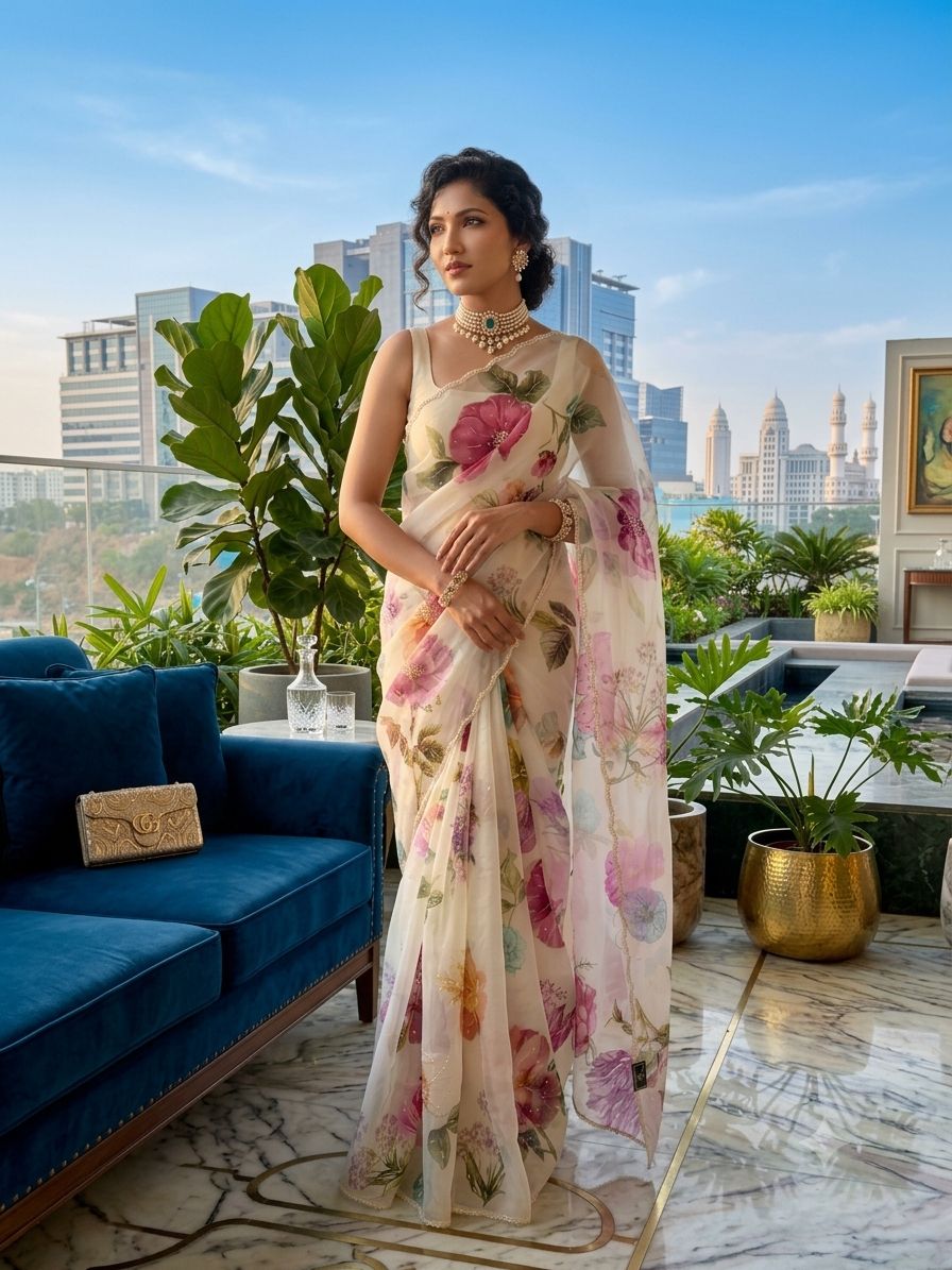 Handworked Elegance Floral Digital Off White Premium Saree